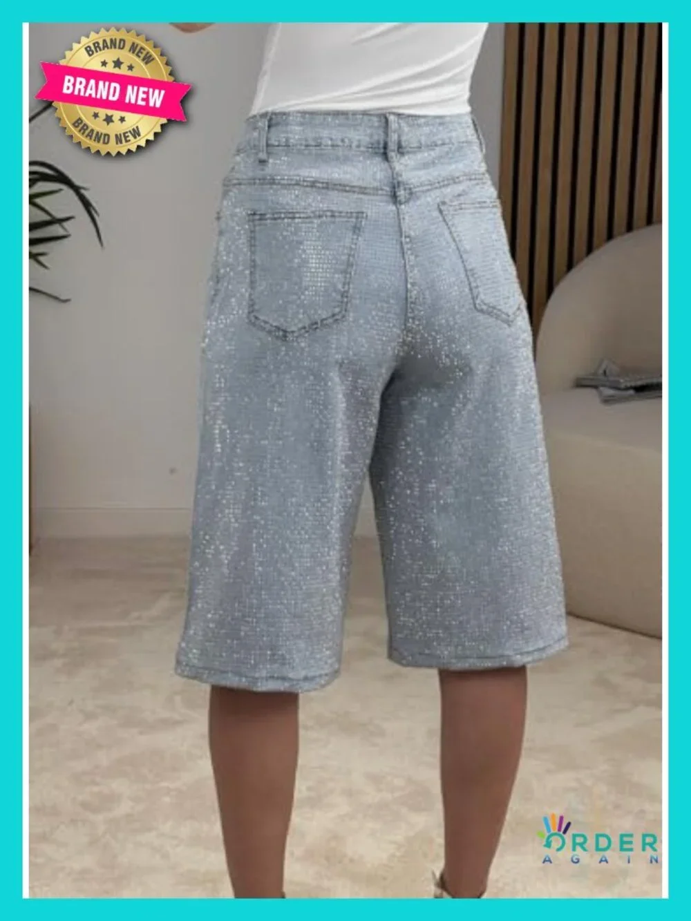 High Waisted Rhinestone Denim Bermuda Shorts Loose Fit Baggy Bling Beaded Y2K